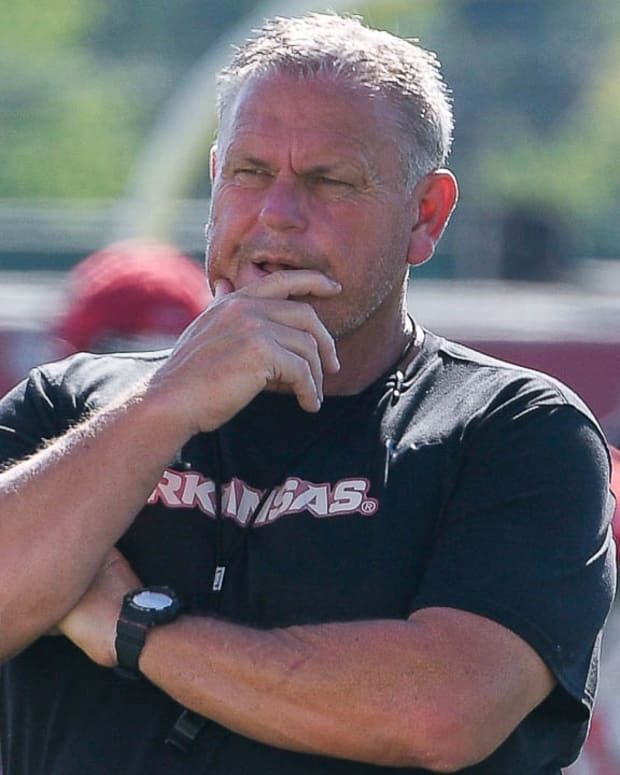 Razorbacks coach Sam Pittman at practice Tuesday on the outdoor fields